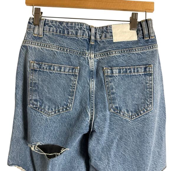 Zara Blue Denim Straight Leg High Rise Distressed Cut Destructed Jeans Size 4 - Picture 7 of 9
